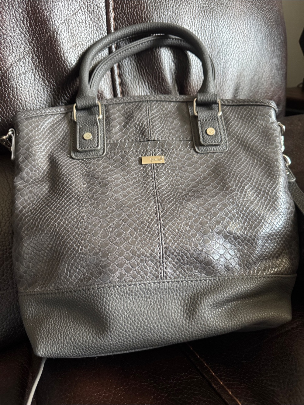 JEWEL Grey Textured Leather Top-Handle Satchel with shoulder strap